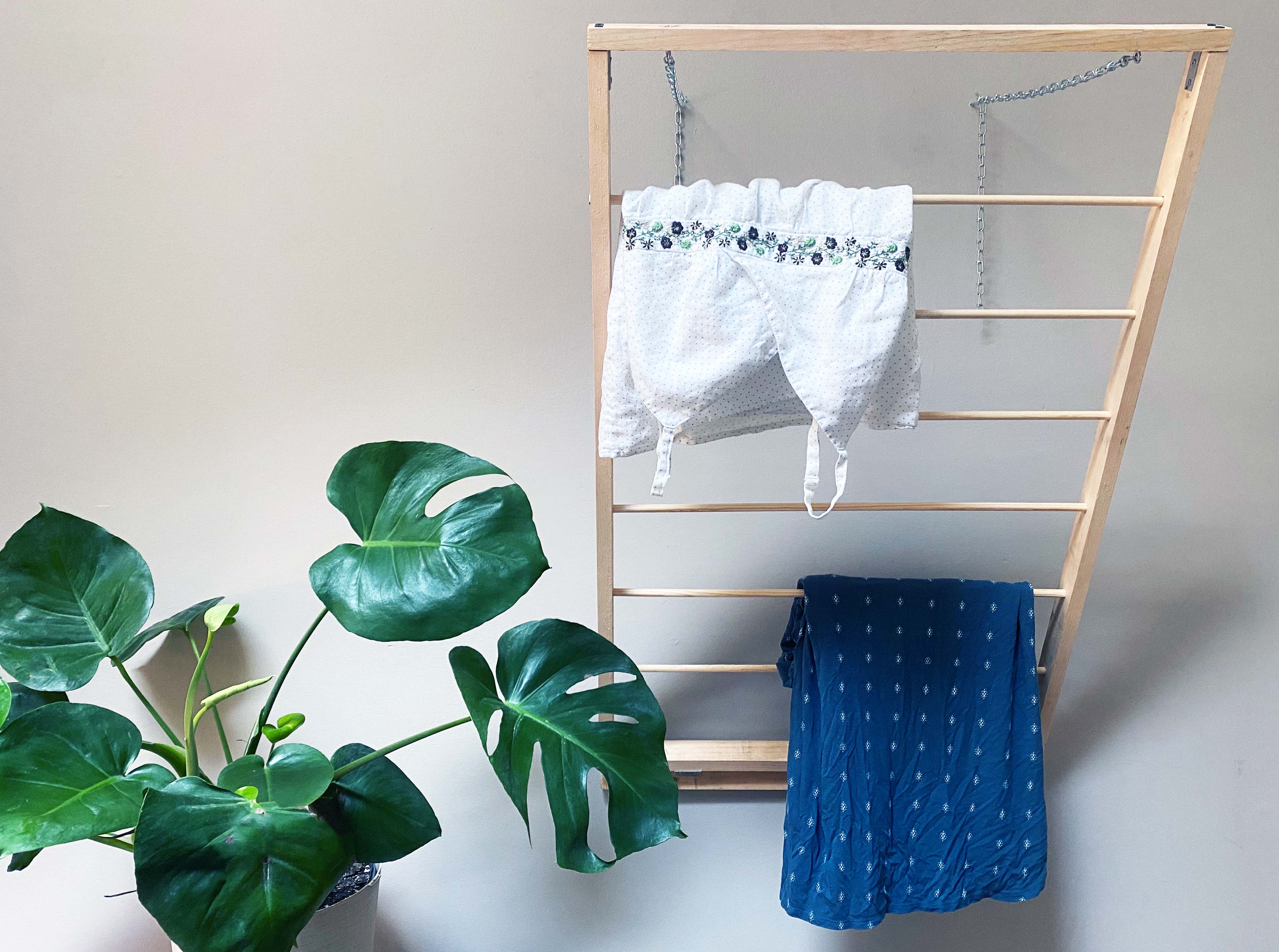 plant next to wooden clothes drying rack with blouse and dress hanging