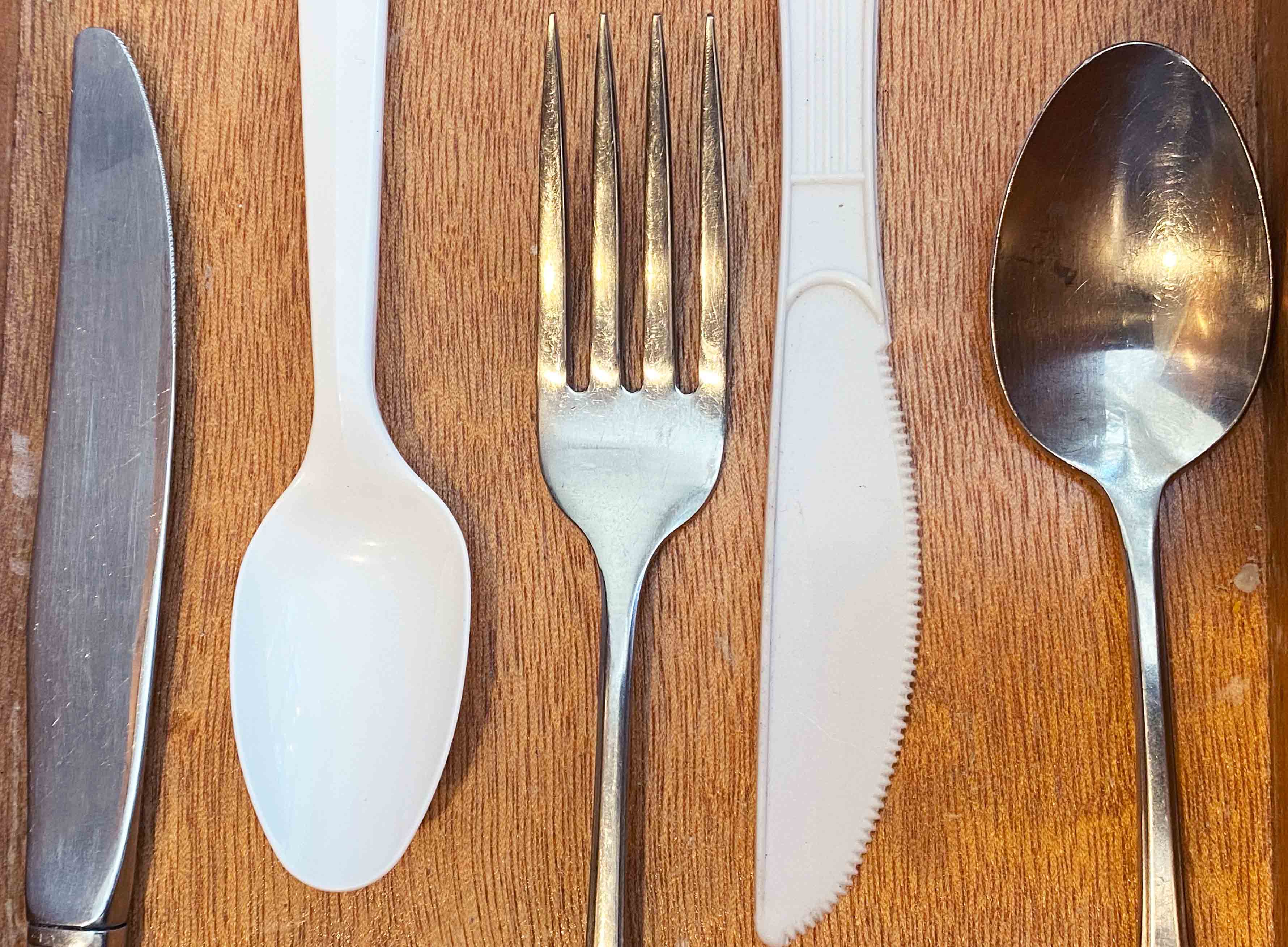 a disposable spoon and knife alongside a metal fork, spoon and knife